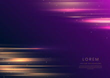 Abstract Elegant Gold Lines Horizontal On Dark Blue And Purple Background With Lighting Effect Sparkle. Luxury Template Style With Copy Space For Text.