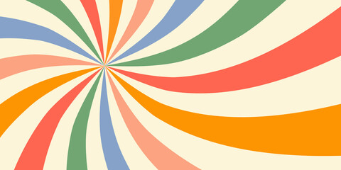 Wall Mural - Retro vintage horizontal background with colorful swirl sunburst in style 60s, 70s. Vector illustration