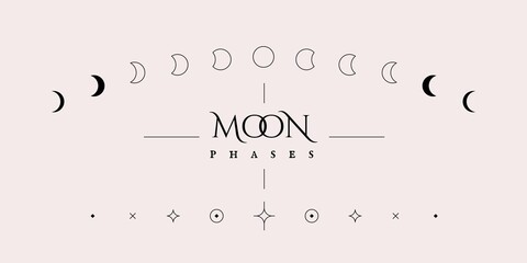 Moon phases icons. Lunar cycle minimal geometric collection, Moon calendar magic star symbols. Vector illustration