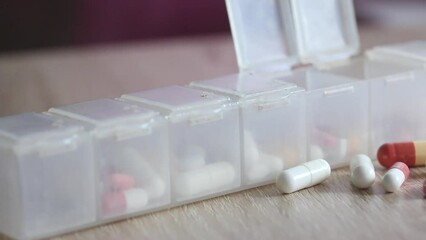 Wall Mural - Pill dispenser for every day. Pills and tablets in a pill case. A few pills are scattered in a row. Close-up.