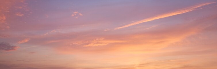 Wall Mural - Clear blue sky. glowing pink and golden cirrus and cumulus clouds after storm, soft sunlight. Dramatic sunset cloudscape. Meteorology, heaven, peace, graphic resources, picturesque panoramic scenery