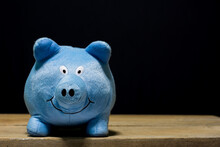 Cute Blue Pig Doll Isolated On Wooden Table.