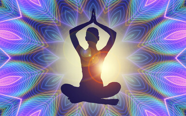 Wall Mural - Silhouette of a girl in Lotus position on the background of the universe. A state of trance and deep meditation. A spiritual journey in the universe.