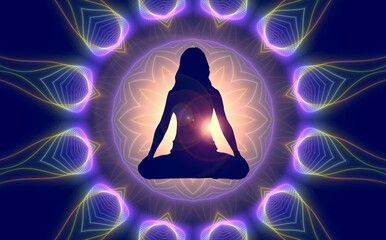 Wall Mural - Silhouette of a girl in Lotus position on the background of the universe. A state of trance and deep meditation. A spiritual journey in the universe.