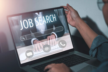 job search concept, find your career, Man looking at online website by laptop computer.People searching for vacancies or position on the internet, recruiting, finding jobs.Unemployed and poor economy