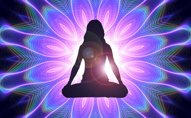 Wall Mural - Silhouette of a girl in Lotus position on the background of the universe. A state of trance and deep meditation. A spiritual journey in the universe.