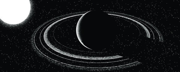 star and planet in space. futuristic landscape, with noise texture . night landscape with starry sky