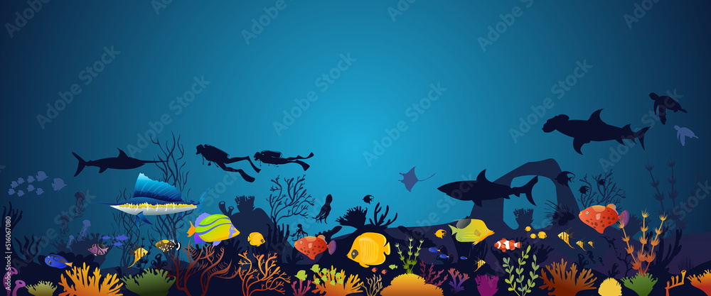 coral reef with fish underwater on a blue sea background. Vector ocean ...
