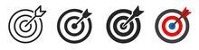 Target Icons Set. Goal Symbol Collection. Simple Target With Arrow. Darts Icon. Hitting The Bullseye Icon Line And Flat Style