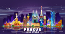 Prague ( Czech Republic ) night skyline with panorama in sky background. Vector Illustration. Business travel and tourism concept with modern buildings. Image for banner or web site.