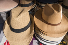 Market Stall Various Stacks Straw Hats Tablecloth
