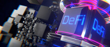 DeFi-decentralized Finance On A Monochrome LSD Display Against The Background Of Blocks. Wide Banner. Blockchain Concept, Decentralized Financial System. 3d Rendering.