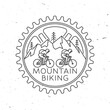 Set of Mountain bikings clubs. Vector illustration. Concept for shirt or logo, print, stamp or biking tourism. Vintage line art design with forest, mountain bikes silhouette. Outdoor adventure.
