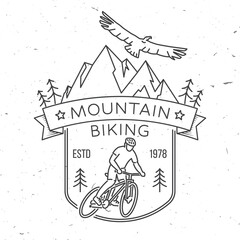 Wall Mural - Downhill mountain biking. Vector illustration. Concept for shirt or logo, print, stamp or tee. Vintage line art design with man riding bike and mountain silhouette. Extreme sport.