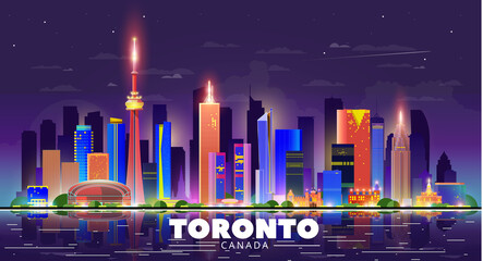 Wall Mural - Toronto (Canada) night city skyline sky background. Flat vector illustration. Business travel and tourism concept with modern buildings. Image for banner or web site.