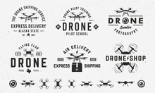 Vintage Hipster Logo Templates And 6 Design Elements For Drone Business. Drone, UAV Emblems Templates. Drone Silhouettes. Vector Illustration