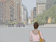 Hand drawn illustration. Young woman downtown Chicago in the evening. Michigan Avenue.