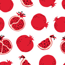 Seamless Pattern With Red Pomegranates And Pomegranate Slices. Hand Drawn Pomegranates Pattern On White Background. For Fabric, Drawing Labels, Print, Wallpaper Of Children's Room, Fruit Background