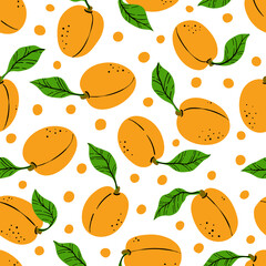 Wall Mural - Seamless pattern with orange apricot. Hand drawn apricot pattern on white background. for fabric, drawing labels, print, wallpaper of children's room, fruit background