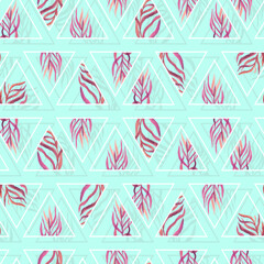 Wall Mural - watercolor twigs with leaves in triangles frames geometric  seamless pattern