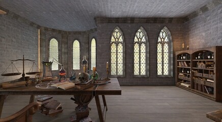 Fantasy alchemy laboratory 3d illustration