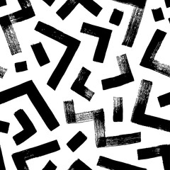Poster - Zigzag and triangle vector seamless pattern. Hand drawn geometric brush strokes. Thick lines with scuffs. Abstract grunge zig zag lines texture, triangles and dashes. Mosaic and maze seamless pattern.