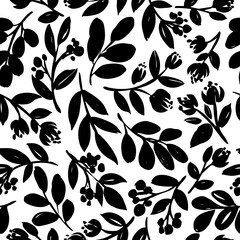 Seamless meadow plants vector pattern. Hand drawn brush painted branches. Black botanical ornament. Various silhouette branches with leaves and small flowers. Seamless background with bold leaves.