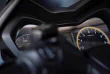 Close Up Of Speedometer In Motorcycle Bigbike. Dashboard Detail With Indication Lampe.