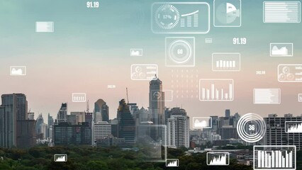 Business data analytic interface fly over smart city showing alteration future of business intelligence. Computer software and artificial intelligence are used to analyze big data for strategic plan .