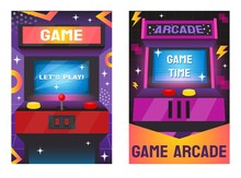 Arcade Game Machine Background. Retro 80s Console With Pinball Logo. 90s Screen Banner Or Flyer. Nostalgia Leisure. Gaming Electronic Equipment Set. Play Device. Vector Poster Illustration