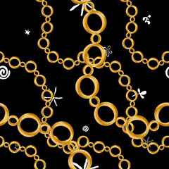 Poster - Seamless pattern decorated with precious stones, gold chains and pearls.	