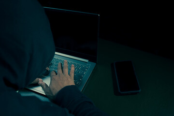 Wall Mural - Hands of a man in a hoodie holding money and using a laptop digging into financial data-Internet theft concept