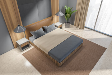 Wall Mural - Top view on dark bedroom interior with bed, panoramic window