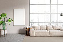 Front View On Bright Living Room Interior With Empty Poster