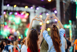 Fototapeta  - Heart shaped hands at concert, loving the artist and the festival. Music concert with lights and silhouette of people enjoying the concert.