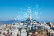 Panoramic cityscape view of San Francisco, day time, Coit Tower and Telegraph Hill, California, United States. Artificial Intelligence concept, hologram. AI, machine learning, neural network, robotics