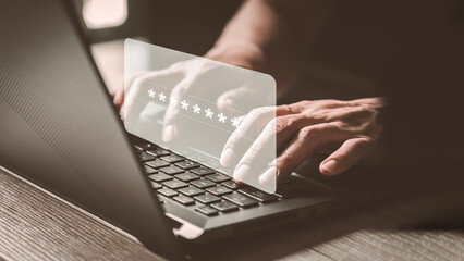 Man typing login and password, cyber security concept, Secure encryption and access to the user's private information to access the Internet.