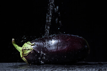 Wall Mural - Water pours on an eggplant on a black background. Fresh and healthy vegetable. Healthy diet