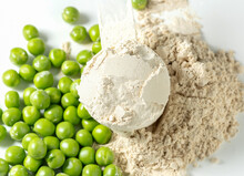 Plant Base Protein Pea Protein Powder In Plastic Scoop With Fresh Green Peas Seeds On White Background, Isolated Copy Space. 