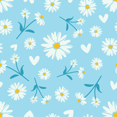 white daisies on blue background print. floral daisy seamless pattern vector.