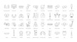A set of linear vector icons with dental instruments, treatment and doctor. Vector illustration for dental clinics and offices, fixed and removable prosthetics, periodontology, interdental brush