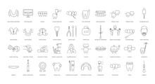 A Set Of Linear Vector Icons With Dental Instruments, Treatment And Doctor. Vector Illustration For Dental Clinics And Offices, Fixed And Removable Prosthetics, Periodontology, Interdental Brush