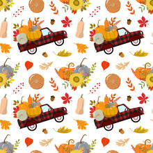 Autumn Harvest Red Truck With Colorful Pumpkins, Sunflowers, And Dry Forest Leaves. Harvest, Thanksgiving Day Theme Design. Isolated On White Background.