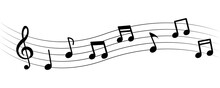 Music Notes On White Background. Musical Notes On Sheet. Clef Key. Melody For Piano, Flute Or Violin. Music School Or Conservatory.