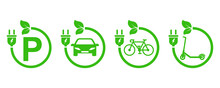 Charging Stations Vector Icons. Charging For Bicycle, Car And Electric Scooter. Point Eco Recharge Energy. Green Parking.