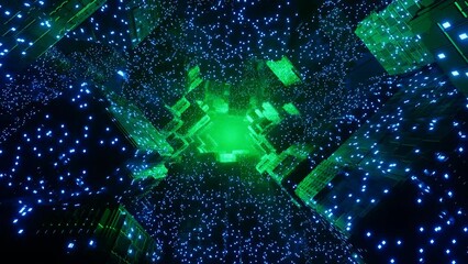 Wall Mural - flying through sci-fi futuristic alien space tunnel neon glowing lights. looping animation of the fu