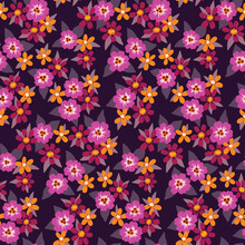 Seamless Floral Pattern, Liberty Ditsy Print With Small Flowers, Leaves In Purple. Beautiful Botanical Background With Decorative Meadow, Tiny Hand Drawn Plants On Dark Field. Vector Illustration.