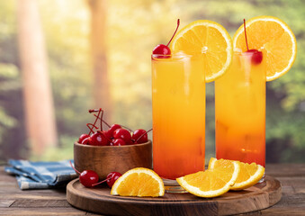 Wall Mural - Tequila sunrise cocktail with rural background