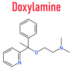 Poster - Skeletal formula of Doxylamine antihistamine drug molecule. Also used as over-the-counter, OTC, sedative.