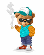 Vector Illustration Of Glasses Bear Doll Holding Tobacco Pipe